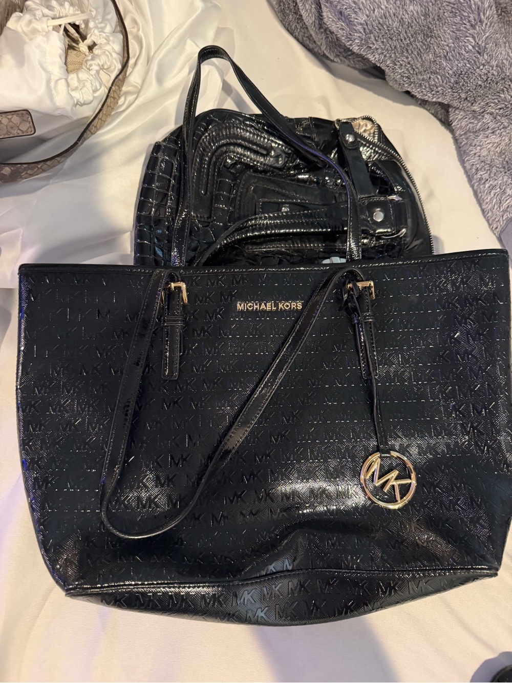 Michael Kors Black Patent Logo Tote with Gold Accent